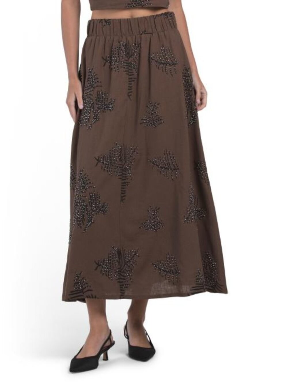 MAGASCHONI Linen Blend Pull On Embroidered Midi Skirt